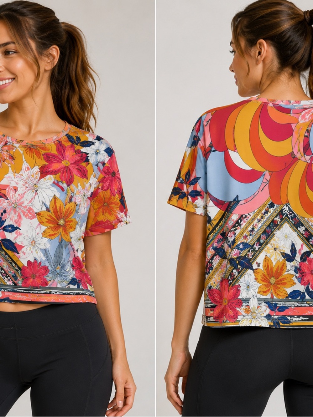 Johnny Was Bee Active‎ Colorful Floral Performance Crop Tee Boho Athleisure XS
